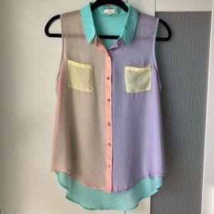 Colorful Sleeveless Button-Up Blouse